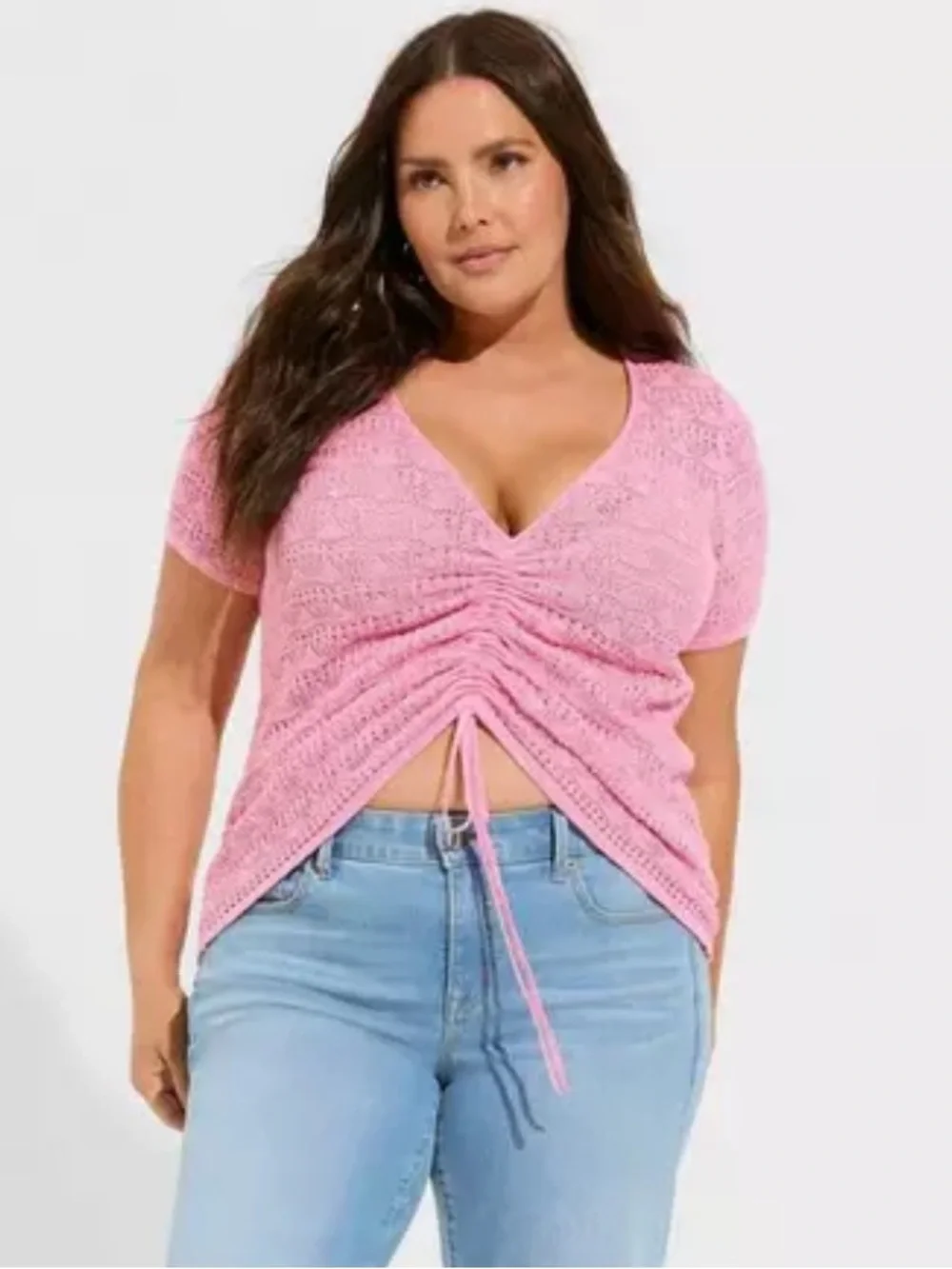 Torrid Pointelle Pullover Short Sleeve Front Tie Sweater Rose Bloom Size 1X New
